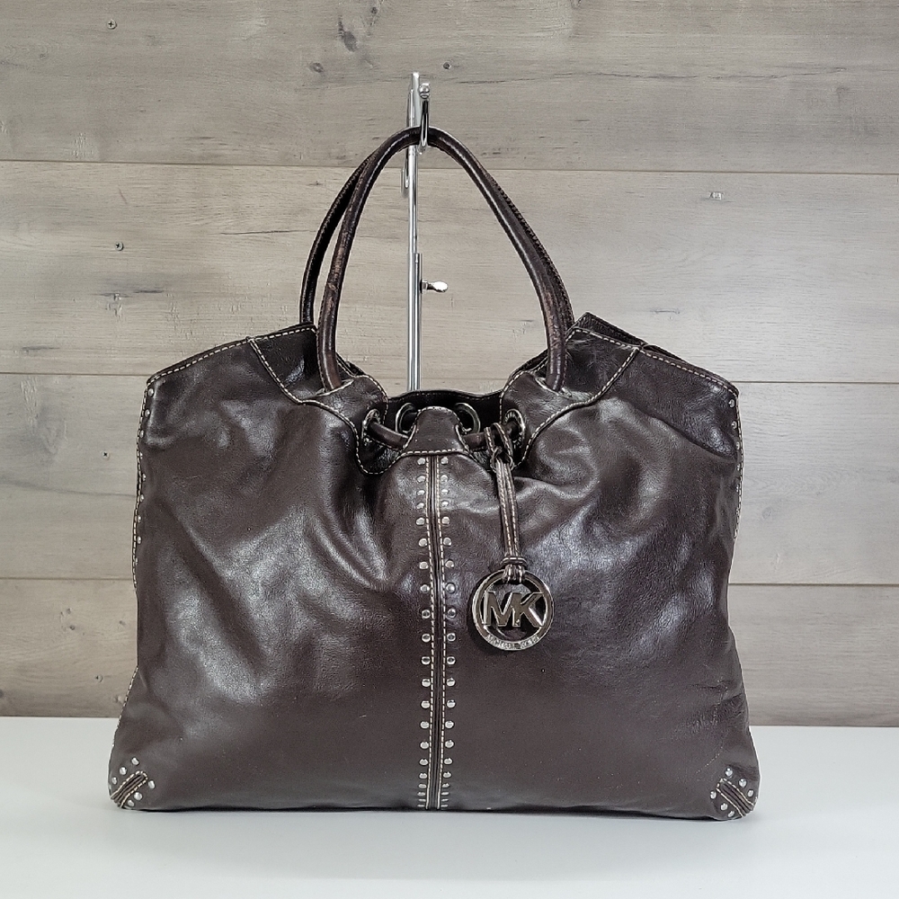 Large Michael Kors Dark Brown Leather Tote Bag with Stud Detail